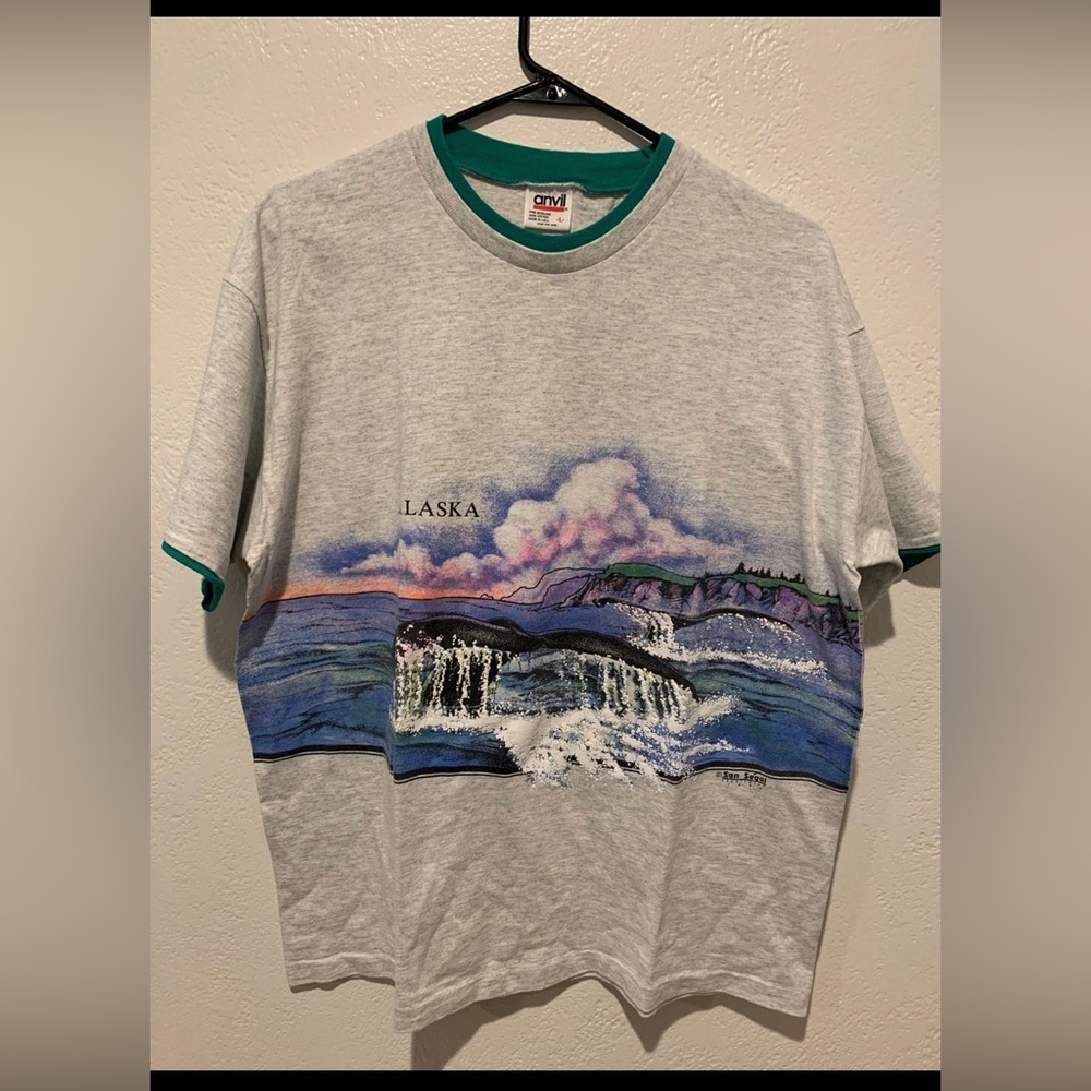 VTG Alaska Mens Shirt Scenery Ocean Whale Size L Anvil